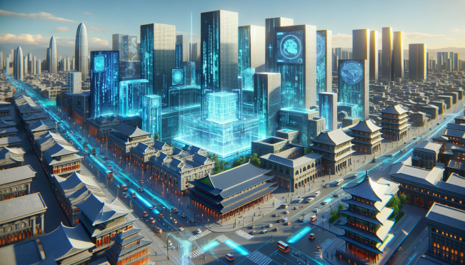 A futuristic cityscape with digital and blockchain elements intertwined with traditional real estate imagery, highlighting the fusion of technology and cultural heritage preservation.