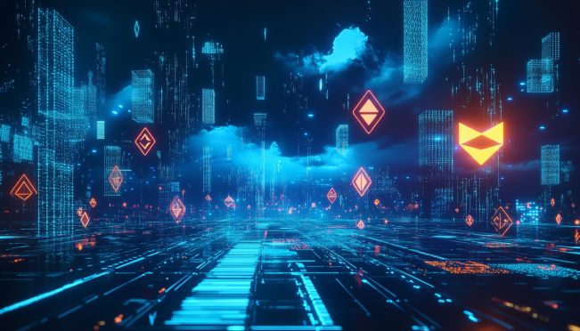 A futuristic digital landscape showcasing Google Cloud's infrastructure with a focus on blockchain connectivity, featuring Ethereum symbols and web3 developers working on decentralized applications.