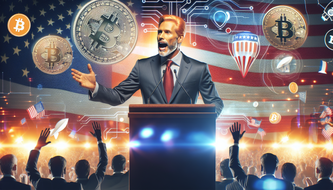 A dynamic scene of Donald Trump at the Libertarian National Convention, speaking passionately with Bitcoin and cryptocurrency symbols in the background. The backdrop should have elements representing the US, like the American flag, to highlight his pro-crypto stance.