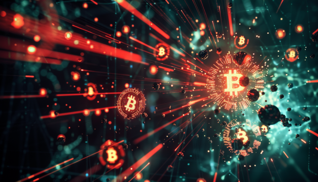 A digital image depicting a sophisticated cyber-attack on a blockchain network, with elements representing North Korean hackers, such as the Lazarus Group, and Bitcoin tokens being siphoned. Include elements of decentralized finance (DeFi) protocols and security measures.