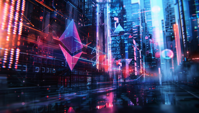 A dynamic and futuristic depiction of Ethereum symbols, SEC building, and crypto market elements. Include a visual representation of staking and digital assets evolving, implying regulatory changes and market growth.