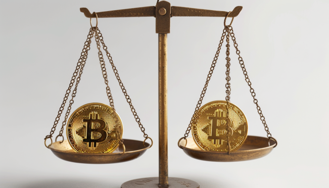 Illustration of a digital scale balancing traditional gold coins and digital Bitcoin coins, symbolizing the debate between traditional finance and cryptocurrency.