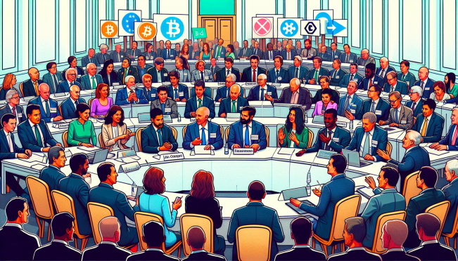 A vibrant illustration of a conference hall with diverse attendees, policymakers, and industry leaders engaging in discussions about cryptocurrency policy. Include elements like blockchain symbols, SEC references, and Uniswap Labs logo.