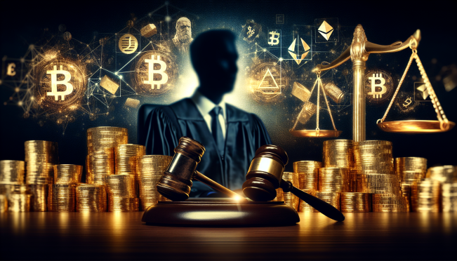 A dramatic courtroom with a gavel, gold bars, and cryptocurrency symbols in the background, illustrating the legal battle against QuadrigaCX co-founder Michael Patryn over unexplained wealth and cryptocurrency fraud.