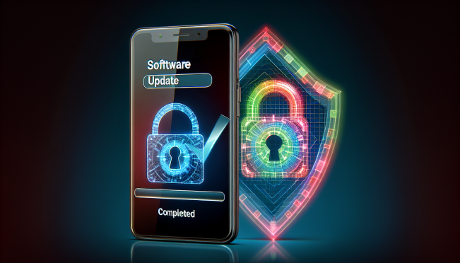 An iPhone displaying a 'Software Update Completed' message on its screen, with a digital lock symbol in the background, symbolizing enhanced security and protection.