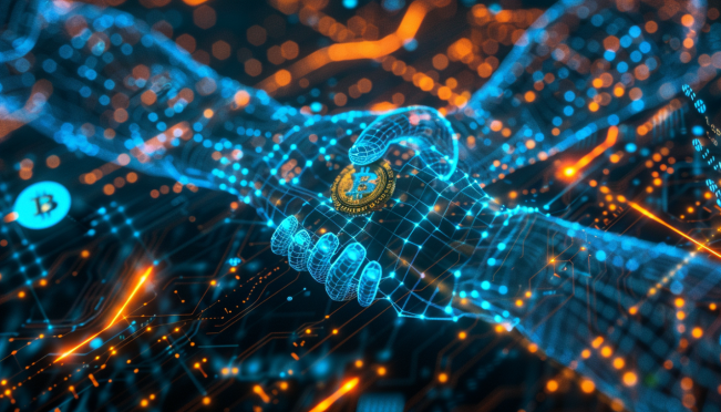 A dynamic and futuristic image showcasing elements of blockchain technology, cryptocurrency symbols like Bitcoin, Ethereum, and Solana, and a representation of venture capital investment, symbolized by a handshake or financial growth chart.