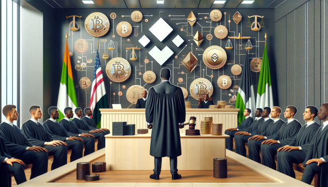 Generate a creative and visually diverse image depicting a legal courtroom scene with a focus on cryptocurrency elements, featuring a Binance executive, a high court judge, and symbols representing Nigeria and the United States.