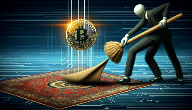 A visually engaging image illustrating the concept of a 'rug pull' in the cryptocurrency world, featuring elements like a cryptocurrency coin with a rug being pulled from under it, in a digital or abstract art style to represent the unexpectedness and deceit involved in such scams.