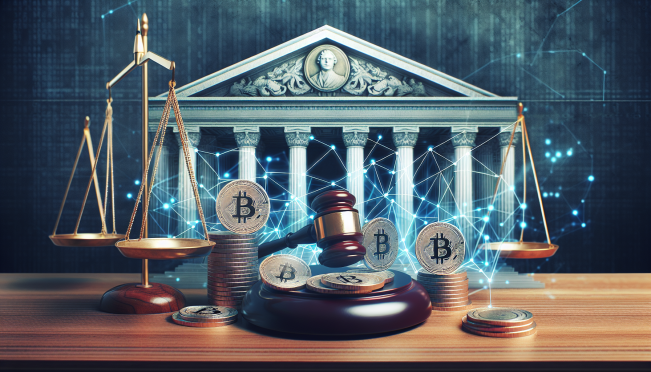 An illustration of a decentralized network of digital wallets, with a gavel and a U.S. Treasury building in the background, symbolizing the withdrawal of regulatory requirements.