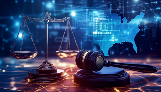 A courtroom scene with a digital gavel and scales of justice, symbolizing the clash between crypto startup Lejilex and the SEC over digital asset regulation, with futuristic digital elements and a Texas state map in the background.