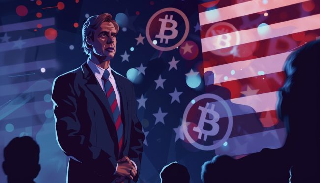 Generate an image of a confident Robert Kennedy Jr. standing on a stage at a Bitcoin conference, with a backdrop of the American flag and Bitcoin symbols, emphasizing the themes of financial policy and cryptocurrency.