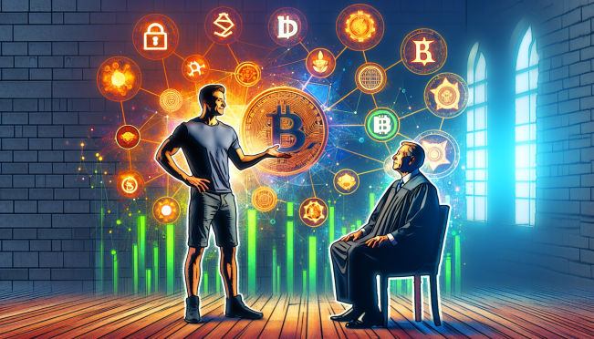 A dynamic scene featuring Cameron Winklevoss addressing Vice President Kamala Harris, with symbolic representations of the crypto industry and the SEC in the background. Include elements like Bitcoin and blockchain symbols, and a looming figure of Gary Gensler. The atmosphere should be tense and charged with anticipation.