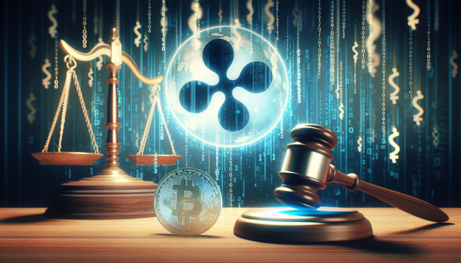 An illustration of a courtroom with a gavel and XRP symbol, symbolizing the SEC and Ripple legal battle, with a backdrop of digital cryptocurrency graphics.