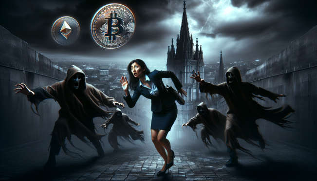 A dramatic depiction of an executive fleeing in the night, with shadowy figures and cryptocurrency symbols in the background, emphasizing the theme of escape and pursuit in the digital age.