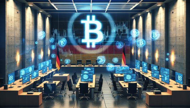 A visualization of a government office with digital Bitcoin symbols, charts showing Bitcoin price surge, and a background highlighting the German flag.