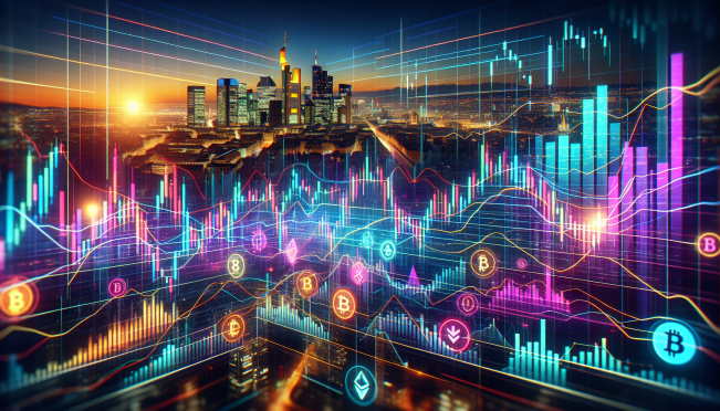 financial charts on digital screens with cryptocurrency symbols, Frankfurt skyline in the background