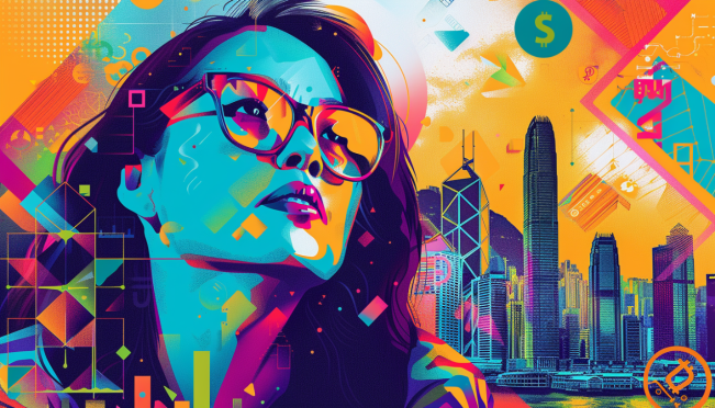 a vibrant and dynamic illustration of Cathie Wood speaking at the Hong Kong Web3 carnival, with symbols of Hong Kong and cryptocurrencies in the background, highlighting innovation and regulatory clarity