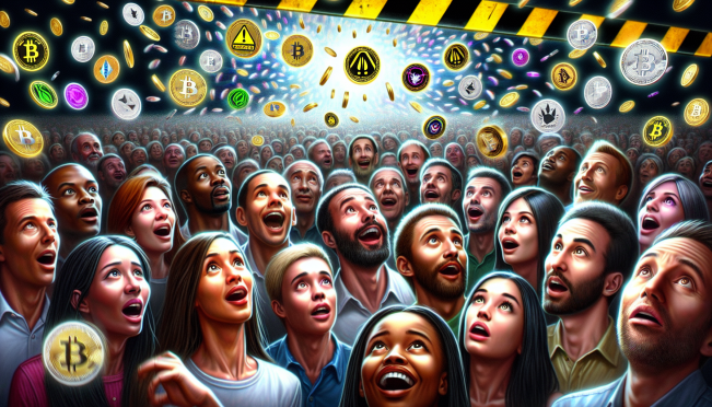 A diverse group of people looking at a screen filled with various meme coin logos, some appearing happy and some concerned, with a backdrop of falling coins and a caution sign.