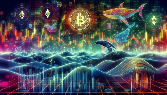 A dynamic image showing large waves of digital numbers representing Bitcoin (BTC) and Ethereum (ETH) with a background of financial charts, whale icons, and market graphs depicting growth and inflows.