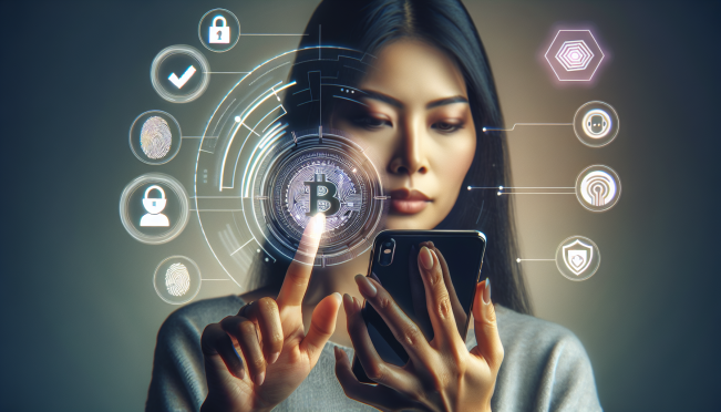 An image showing a person using a smartphone with a Bitcoin wallet app open, highlighting elements of security and user empowerment. Include visual elements that represent both the iOS and Android platforms.