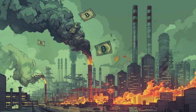 A dramatic illustration of a financial firm clashing with Bitcoin mining operations, featuring both financial and environmental elements, such as burning cash and pollution alongside Bitcoin symbols.