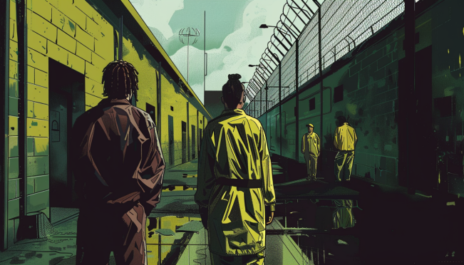 A detailed illustration of Kuje Prison in Nigeria with Tigran Gambaryan, a US citizen and Binance executive, behind bars. US lawmakers French Hill and Chrissy Houlahan are shown advocating for his release with a backdrop of the prison's harsh conditions.