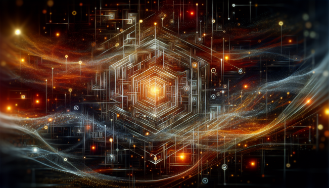 An artistic representation of blockchain technology with elements of artificial intelligence, zero-knowledge proofs, and a futuristic network infrastructure. Show a secure, interconnected digital network with a Binance Labs logo subtly integrated.