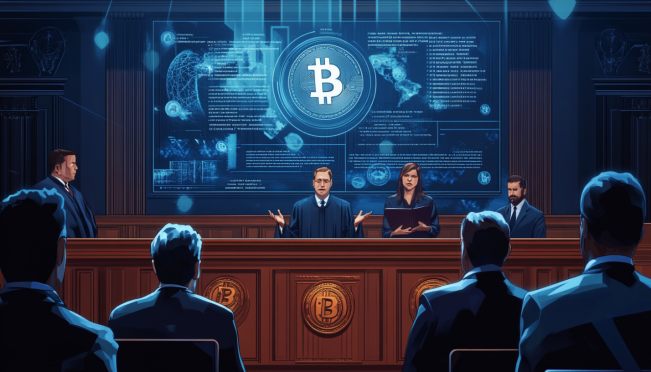 A courtroom scene with a judge, lawyers arguing, and a background featuring elements representing cryptocurrency and legal documents, highlighting the tension and high stakes.