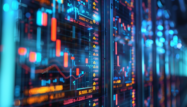 A dynamic visual of a bitcoin mining facility with digital assets and stock market growth charts. Include references to Genesis Digital Assets and U.S. IPO.