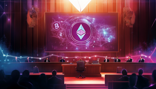 A dynamic courtroom scene with symbolic elements of cryptocurrency, featuring Crypto.com's logo and representations of the SEC, highlighting the tension and stakes in the legal battle.