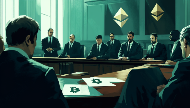 A courtroom scene with crypto logos (SOL, ADA, SAND) on trial, SEC officials debating, and Ripple executives visibly frustrated, symbolizing regulatory clash and inconsistency.