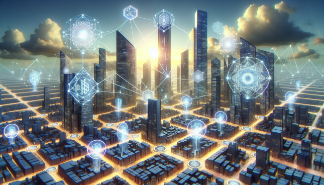 A futuristic cityscape with interconnected nodes representing decentralized networks, featuring key elements like mobile hotspots, advanced GPUs, and digital maps, symbolizing the integration of various DePin projects on the Solana blockchain.