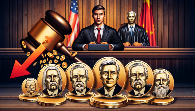 A dramatic depiction of Trump-themed meme coins plummeting in value, juxtaposed with rising Biden-themed coins, set against a backdrop of a courtroom with a gavel to symbolize the legal context.