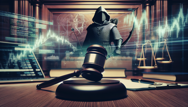 A courtroom scene with a judge's gavel and a Robinhood logo in the background, symbolizing legal action. Include elements like text messages and stock market charts to represent the context of the lawsuit.