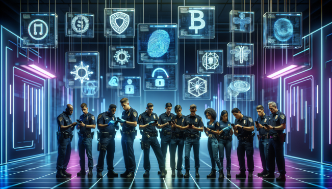 A group of police officers examining confiscated mobile phones in a high-tech forensic lab, with digital representations of Worldcoin tokens and biometric data icons floating around the scene, reflecting the tension between technology, privacy, and regulation.