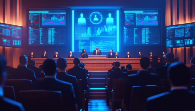 A dramatic courtroom scene with a judge, lawyers, and digital screens showing election betting odds and market graphs, emphasizing tension and legal conflict.