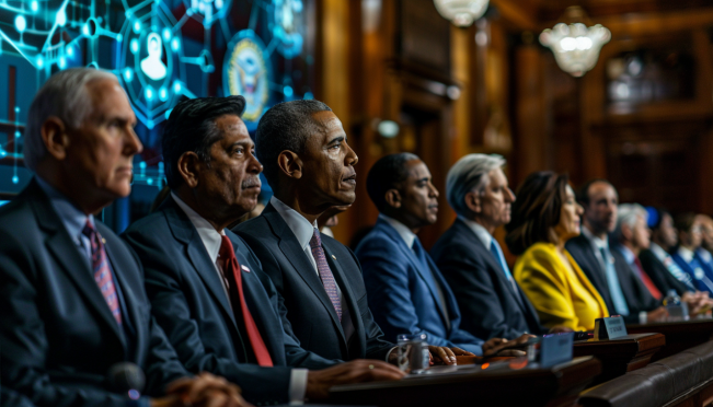 A diverse group of U.S. senators in a formal setting announcing a new bill, with digital elements like watermarks and AI symbols in the background, depicting the effort to curb AI-generated deepfakes and protect content creators.