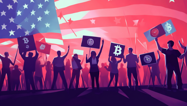 A dynamic political rally scene with diverse candidates and supporters holding signs promoting crypto and blockchain, set against a backdrop of American flags and digital currency symbols.