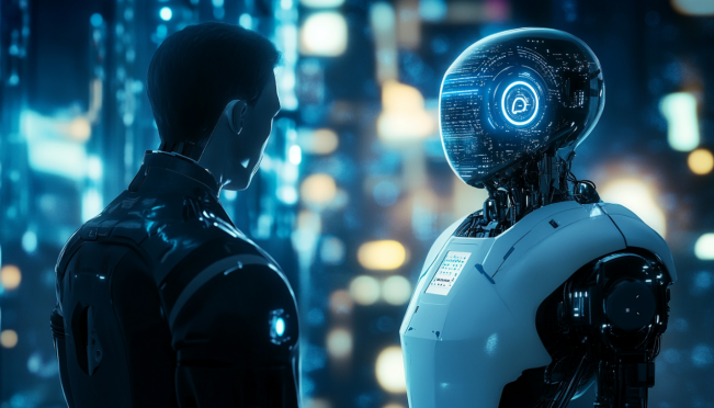 A futuristic city hall with a human mayor standing beside an AI robot named VIC, symbolizing the integration of technology and governance. The background should include elements of blockchain and crypto imagery to highlight Cheyenne's tech-friendly environment.