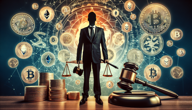 A political figure standing in front of a backdrop with cryptocurrency symbols, such as Bitcoin and Ethereum logos, with a gavel and scales of justice symbolizing regulation. The image should convey a sense of urgency and importance, reflecting the debate on crypto regulations.