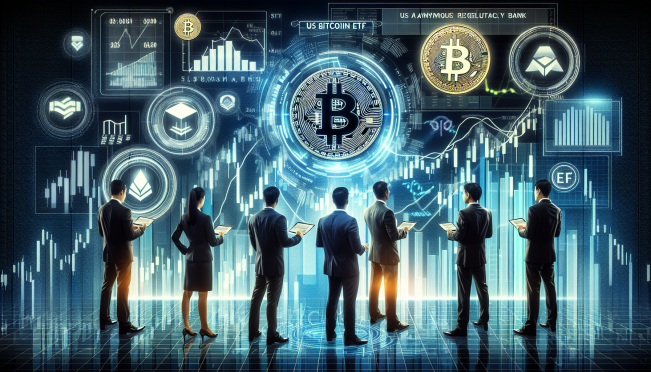 A representation of wealthy Indian investors using a digital platform to invest in US Bitcoin ETFs, with the Reserve Bank of India's logo in the background, symbolizing the contrast between investor enthusiasm and regulatory warnings.