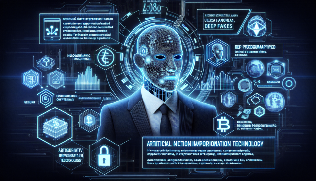 A sophisticated visual representation of AI-generated deepfake technology impersonating Elon Musk in the context of cryptocurrency scams, highlighting the technological aspects and potential risks.