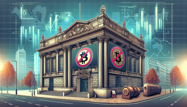 A London-based bank building with a large 'No Cryptocurrency' sign, digital icons of crypto coins with a red cross, a secure vault symbolizing safety, and figures showing rising scam statistics in the background.