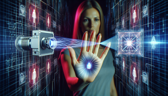 A futuristic scene showing a person's palm being scanned by an infrared camera, with digital lines and blockchain symbols in the background, indicating biometric data and decentralized technology.