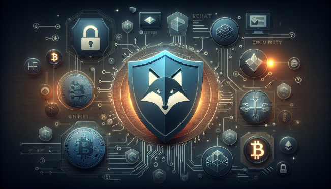 A digital representation of a shield protecting a MetaMask wallet with blockchain and cryptocurrency symbols around it, showcasing enhanced security and protection.