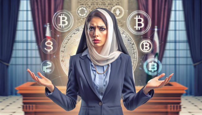 A serious financial regulator in a formal setting, cautioning citizens about the risks of cryptocurrency investments. Background includes symbols of blockchain and crypto coins, highlighting the tension between innovation and regulation.