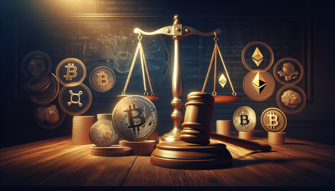 A courtroom scene with a gavel, scales of justice, and digital cryptocurrency symbols like Bitcoin and Ethereum. A somber, serious tone reflecting the gravity of financial crimes and their broader implications for the crypto sector.