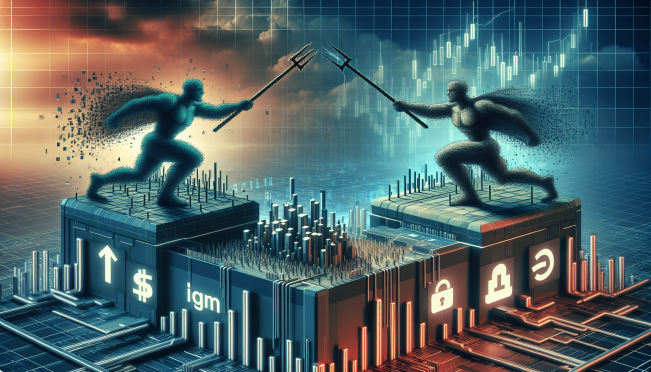 A dramatic illustration of two corporate giants clashing over a digital fortress, symbolizing Bitfarms' defense against Riot Platforms' hostile takeover attempt, with stock charts and corporate logos integrated into the scene.