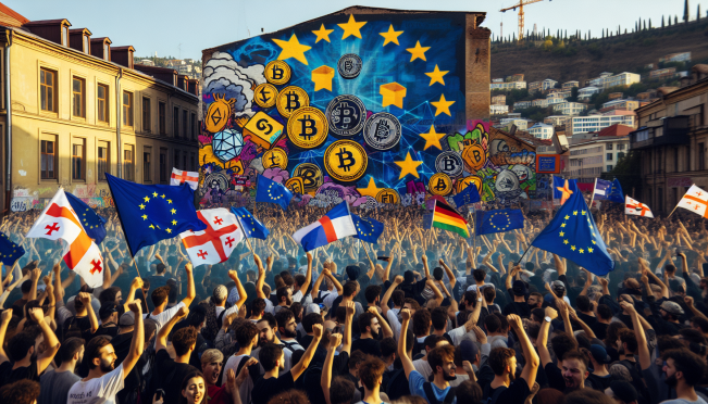 a vibrant protest in Tbilisi with demonstrators waving EU flags and crypto symbols in the background, highlighting the clash between aspirations for European integration and accusations of cryptocurrency-funded unrest