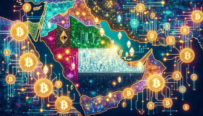 A vibrant, digitally inspired illustration showing a map of the Middle East with various cryptocurrency symbols like Bitcoin, and Ethereum, showcasing the region’s growing interest and diversity in the crypto market, with a focus on a shining, progressive UAE.